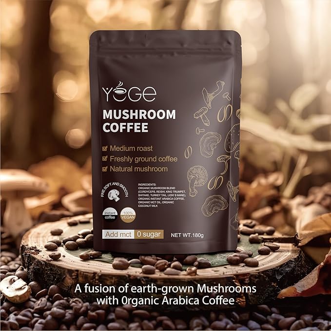 Mushroom Coffee, Instant Mushroom Coffee with Cordyceps, Reish, King Trumpet, Shitake, Turkey Tail, Lions Mane for Energy, Focus, Positive Mood & Immune Support (30 Servings)