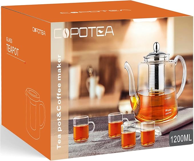 Glass Tea kettle Stovetop Safe, 40oz/1200ml Glass Teapot Gift Set with 4 Teacups, Tea Pot with Removable Infuser for Loose Leaf and Blooming Tea