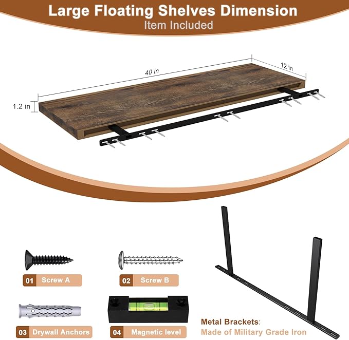 12 Inch Deep Floating Shelves for Wall 3 Pack Floating Shelfs Large Storage Space Wall Decor Display Shelf for Bathroom Living Room Bedroom Kitchen 40" W x 12" D x 1.2" H Rustic Brown
