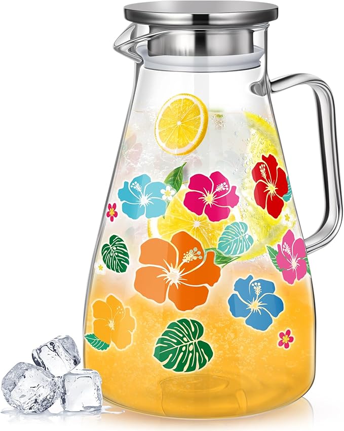 Domensi 74 oz / 2200 ml Glass Pitcher with Lid Water Pitcher with Handles Beverage Water Jar Glass Jug Hot and Cold Resistant Carafe for Tea Juice Milk Coffee Iced Beverage(Hawaiian Flowers)