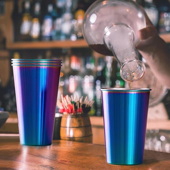 MEWAY 8 Pack 24oz Stainless Steel Pint Cup,Healthy Unbreakable and Stackable,Metal Drinking Glasses，Beer Glasses（Rainbow）