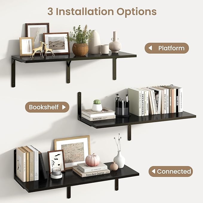 Fun Memories Floating Shelves for Wall, 12 Inch Deep Floating Shelves Set of 2, Wall Mounted Shelf with Metal Brackets, Rustic Wood Wide Shelf for Bathroom, Kitchen and Living Room, Black, 36W x 12D