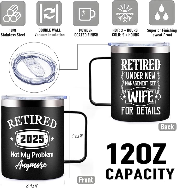 12oz Retirement Mug, Retired Under New Management See Wife For Details Mug, Mens Retirement Gifts, Retired Gift for Husband form Wife