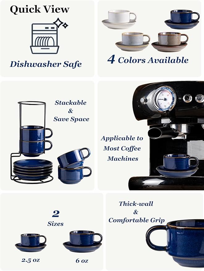 Gomakren 6 Ounce Cappuccino Cups with Saucers and Metal Stand, Stackable Coffee Cup Set of 4, Christmas Porcelain Espresso Cups for Coffee Drinks, Cappuccino, Latte, Americano, Tea, Cobalt Blue