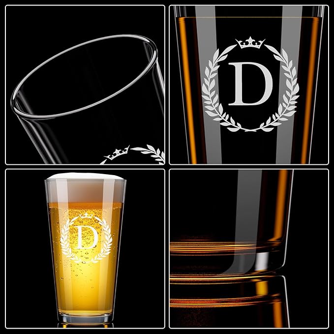 Personalized Beer Glasses Gifts for Men, 16 oz Pint Glasses Monogrammed A-Z Drinking Glass Cups Customized Gift, Unique Christmas Anniversary Birthday Gifts for Men Him Dad Brother Husband Grandpa (D)