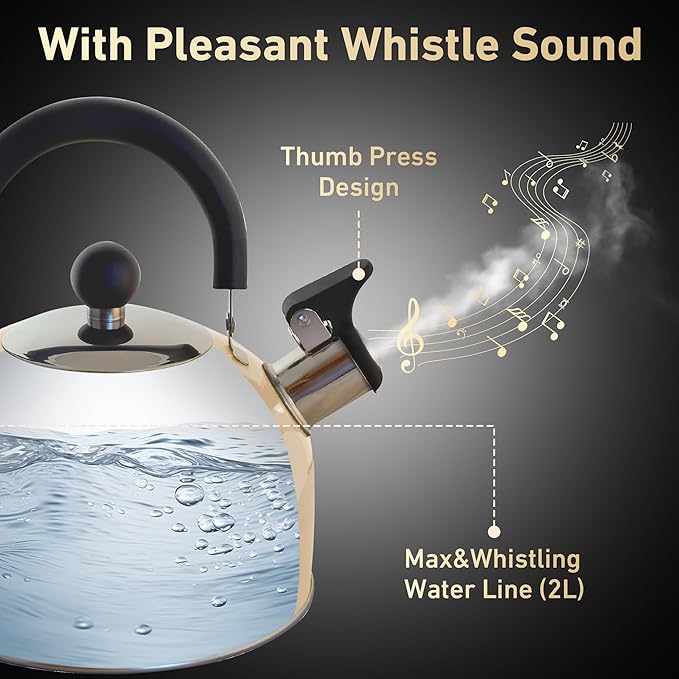 Lily's Home 2 Quart Stainless Steel Whistling Tea Kettle, the Perfect Stovetop Tea and Water Boilers for Your Home, Dorm, Condo or Apartment. (Pastel Cream)