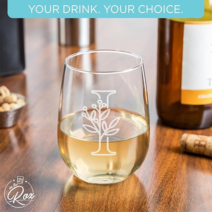 On The Rox Drinks Monogrammed Gifts For Women and Men - Letter A-Z Initial Engraved Monogram Stemless Wine Glass - 17 Oz Personalized Wine Gifts For Women and Men (I)