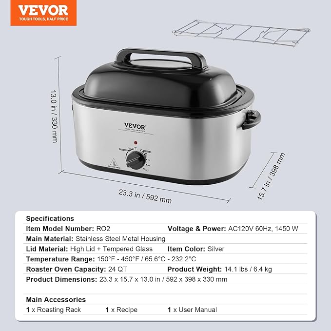 VEVOR Electric Roaster Oven with Defrost & Warm Function, 24 QT Turkey Roaster Oven with Self-Basting Lid, 1450W, Adjustable Temp, Removable Pan & Rack, Fits Turkeys Up to 28LBS, Silver