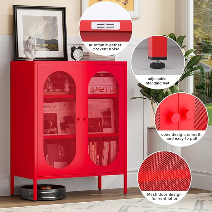 Metal Storage Cabinets with Doors and Shelf, Modern Accent Cabinet with High Feet, Display Cabinets with 2 Mesh Doors, Red Dresser for Home, Office, Living Room,Dining Room,Hallway and Entryway