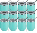 MEWAY 12oz/12 Pack Wine Tumbler Glasses with Lid -Double Wall Vacuum Stainless Steel Travel Tumbler Mug,Stemless Insulated Wine Cup for,Coffee,Cocktails,Gifts (Light green,Set of 12)