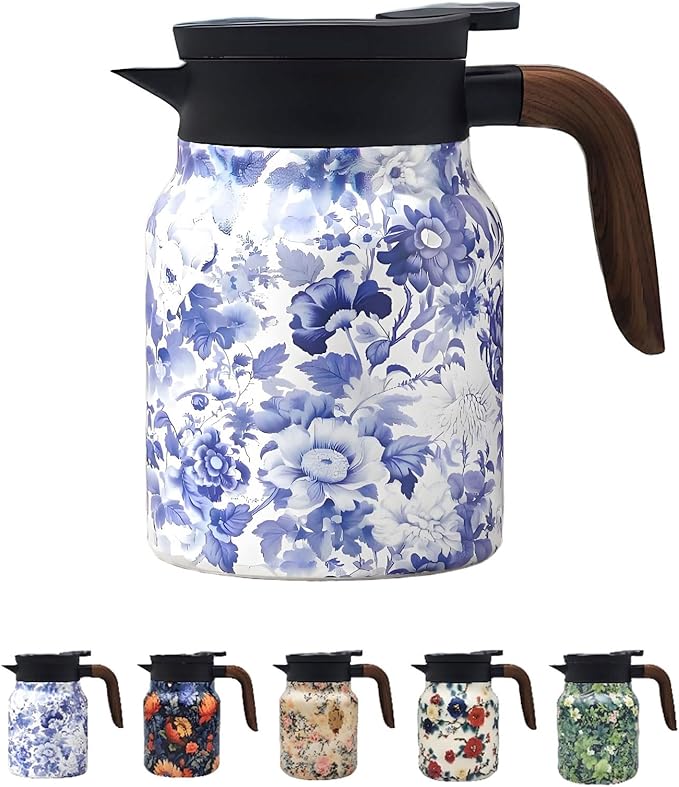 Vintage Pattern Coffee Carafes, 35 Oz/1 Liter - Hot and Cold With Infuser, Perfect for Parties/Home Use(Blue and white porcelain)