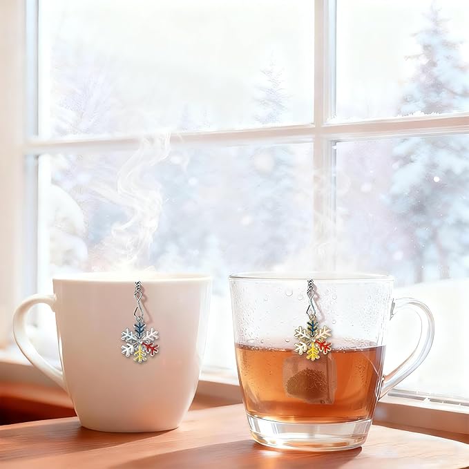 Snowflake Tea Infuser Set, 2 PCS Stainless Steel Tea Balls with Rhinestone Colorful Enamel Gold & Silver Pendant, Reusable Loose Leaf Strainer for Winter & Christmas Gift