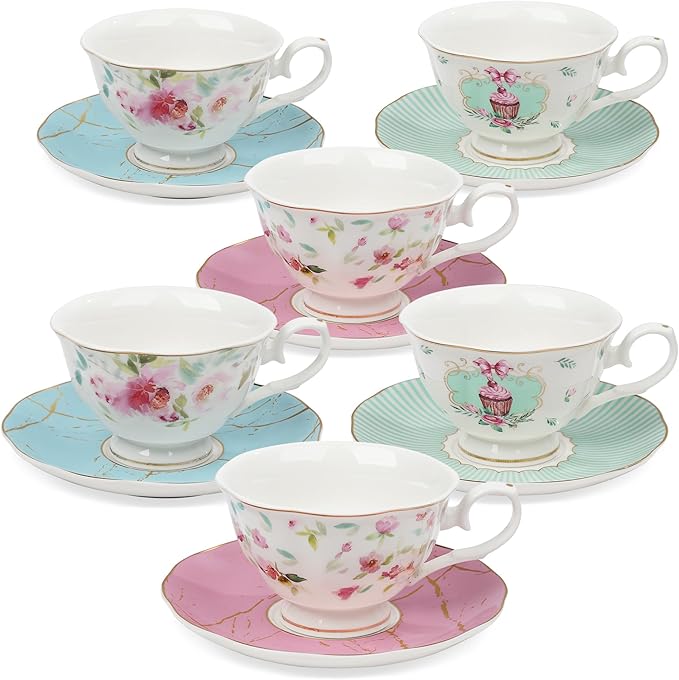 fanquare Rose Tea Cup and Saucer Set for 6, British Tea Cups Set for Gift, Multi-Color Flowers Porcelain Tea Service