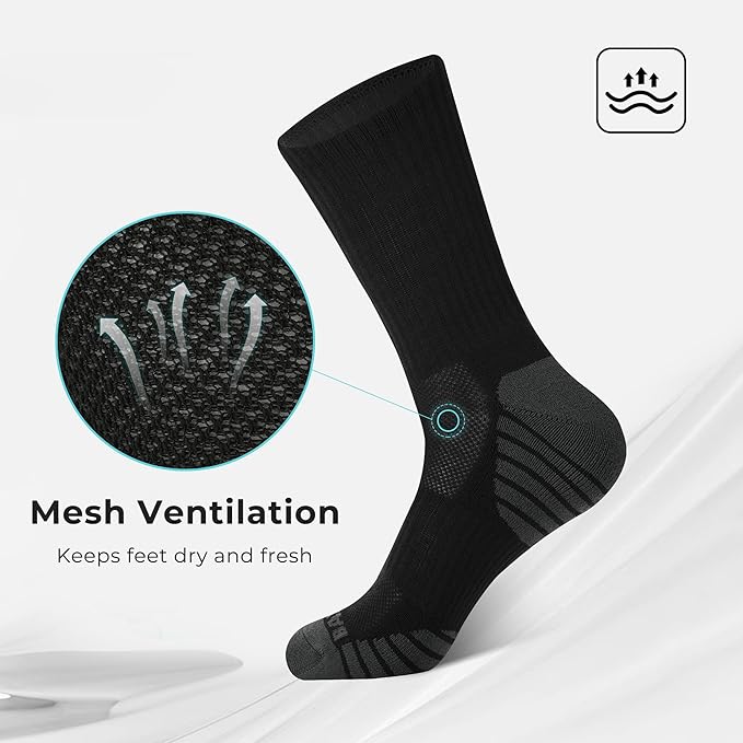 BAMBOO COOL Men's Crew Socks Athletic Running Sports Socks, Cushioned Moisture Wicking, Breathable Arch Support 6 Pack