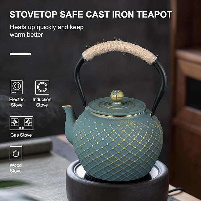 Ufine Japanese Style Cast Iron Teapot for Stove Top with Stainless Steel Infuser Loose Leaf Tetsubin Grid Design Blue Tea Kettle 40oz/1200ml