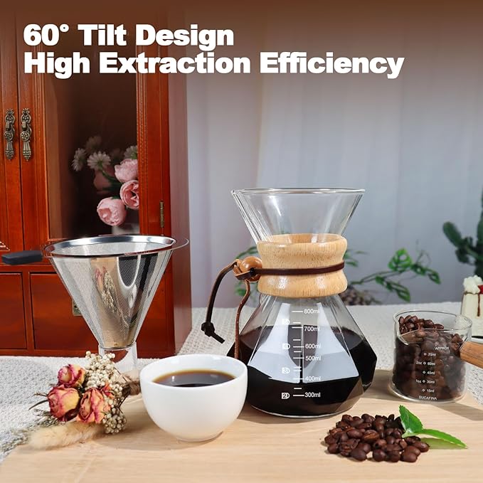 Pour Over Coffee Pot Set 800ml 27.1oz Features 304 Stainless Steel Filter Glass Coffee Pot with High Borosilicate Glass Duckbill Spout Design Solid Wood Handle Pour Over Coffee Daily Brewing