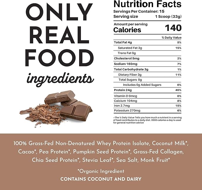JUST INGREDIENTS Protein Powder - Chocolate, Grass-Fed Whey, Organic Whole Food Blend - 15 Servings, 24g Protein