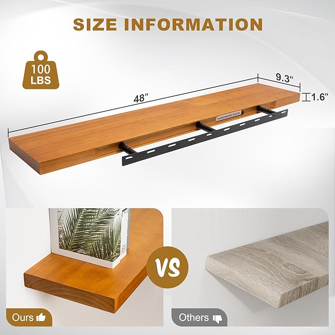 Fun Memories Floating Shelves, 9.3 Inch Deep Solid Pine Wood Wall Shelves for Storage, Rustic Wall Mounted Display Shelf with Invisible Heavy-Duty Metal Bracket, 48 Inch Width, Honey Oak