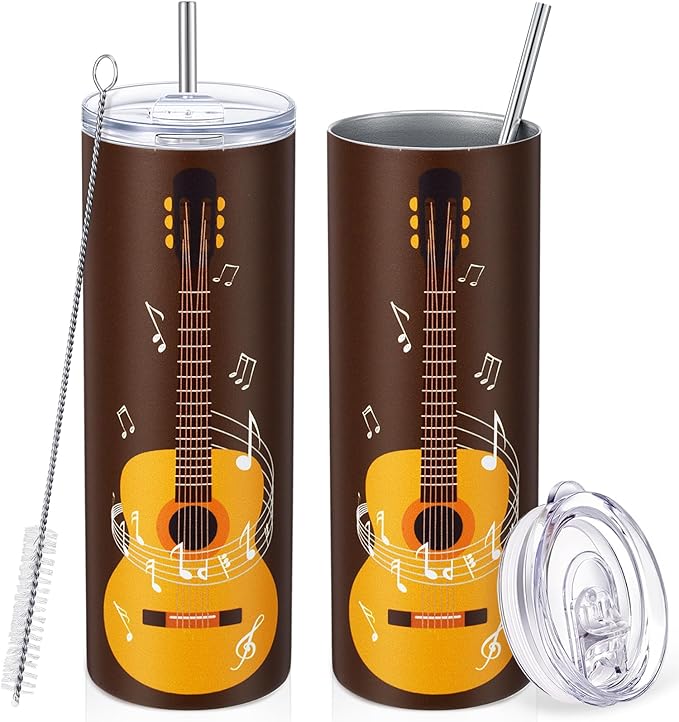 Umigy 2 Pieces Guitar Gift Tumbler with Lid Straw and Brush, 20 oz Musical Notes Travel Mug Stainless Steel Coffee Mug for Christmas Music Lovers Singers Teacher Birthday Gifts