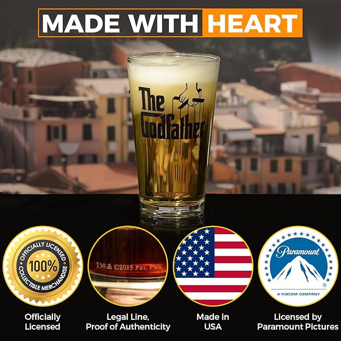 The Godfather Printed Pint Beer Glass - Officially Licensed, Premium Quality, Handcrafted Glassware, 16oz. - Perfect Collectible Gift for Movie Enthusiasts, Birthdays & Special Occasions