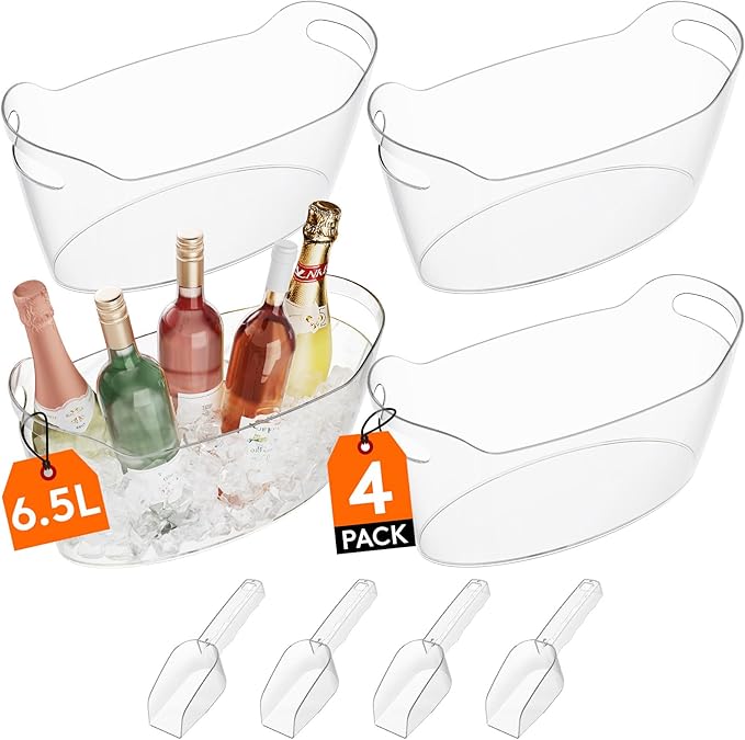 Lifewit Large 6.5L Ice Bucket for Parties 4 Pcs (in 1 Package), Portable Drink Bucket for Cocktail Bar, Plastic Champagne Cooler for Beverage/Wine/Beer, Mimosa Bar Supplies Chiller Tub with Scoop