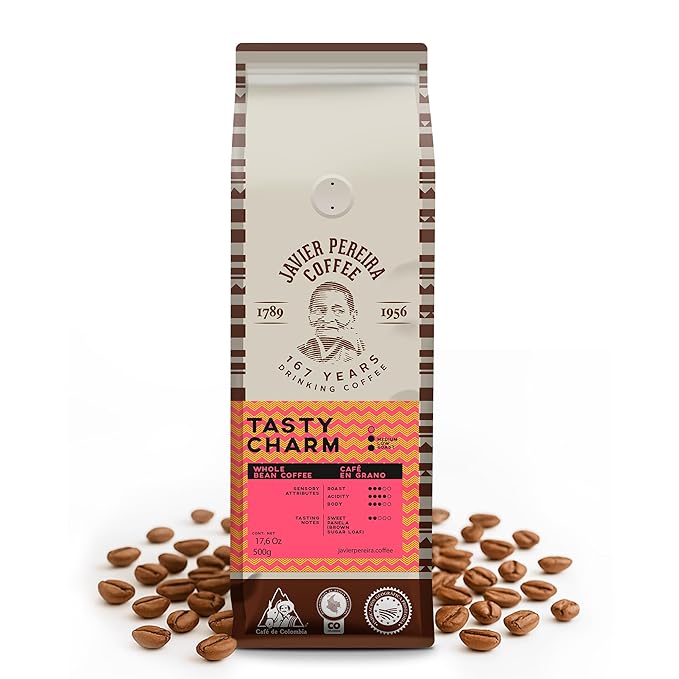 Javier Pereira Coffee - Tasty Charm Colombian Specialty Coffee – Medium Roast Whole Bean – 100% Arabica – Certified Café de Colombia – panela notes - 17.6 Oz