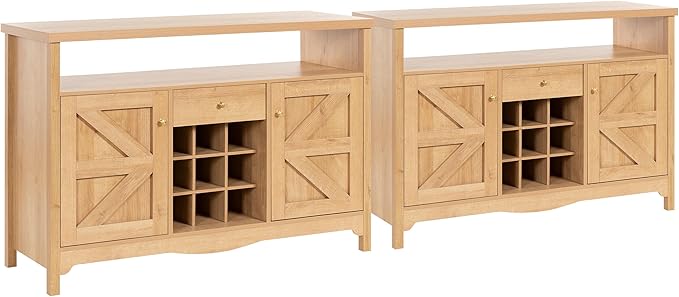 45.7” Wine Cabinet，Farmhouse Home Coffee Bar Sideboard Buffet Cabinet Liquor Storage with 9 Wine Racks & 2 Doors for Kitchen, Living and Dining Room (2, Natural)