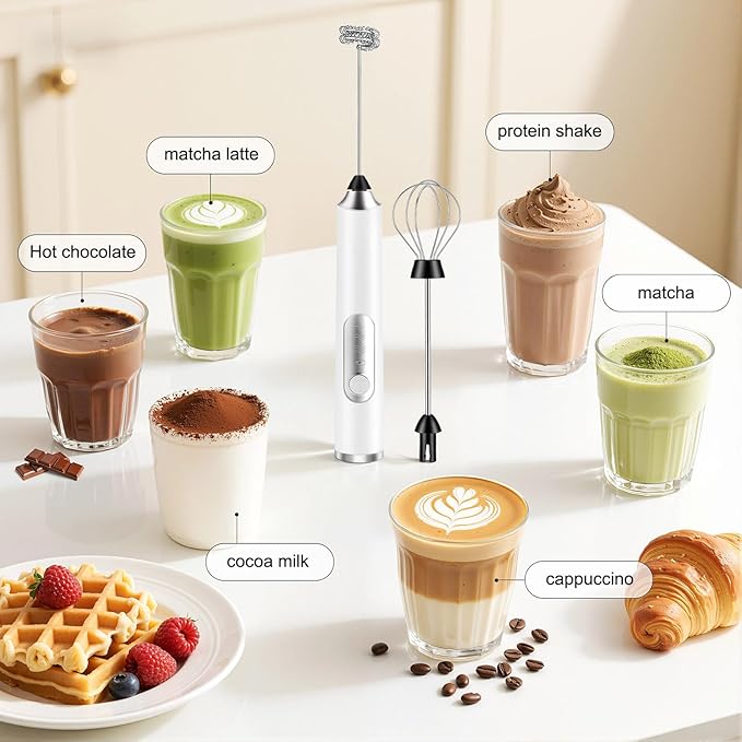 BEoffer Milk Frother Handheld Rechargeable 2000mAH Power Frother Wand Electric Foam Maker with 2 Stainless Whisks 3 Speeds Drink Mixer Coffee Frother for Latte, Cappuccino, Matcha, Hot Chocolate, Egg