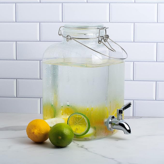 Glass Drink Dispenser for Parties, 1 Gallon Beverage Dispenser with Spigot and handle,Glass Water Dispenser, Juice Dispensers for Fridge, Lemonade & Laundry Detergent Dispenser (1Pack)