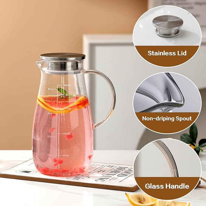 Glass Pitcher with Lid, 68 oz/2 Liter,Hand Blown Glass Water Pitcher and Precise Scale Line for Hot/Cold Beverages, Juice, Lemonade, and Milk, Heat Resistant,Christmas Gifts