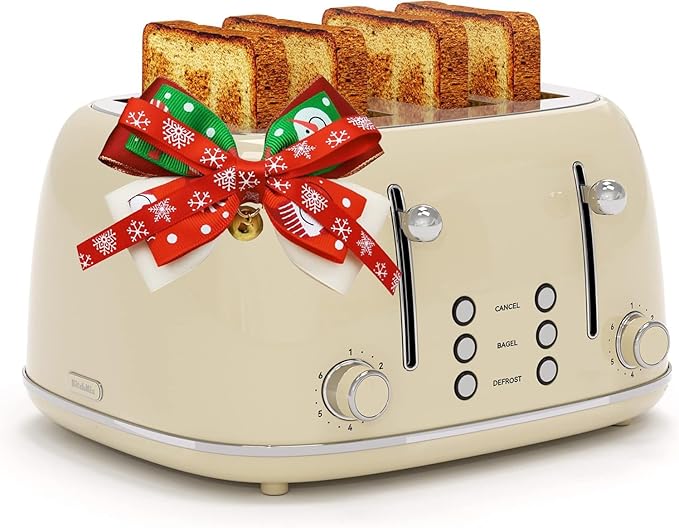 Toaster 4 Slice, Retro Stainless with 6 Bread Shade Settings,1.5''Wide Slots Toaster with Cancel/Defrost/Reheat Functions,Dual Independent Control Panel, Removal Crumb Tray (Cream)
