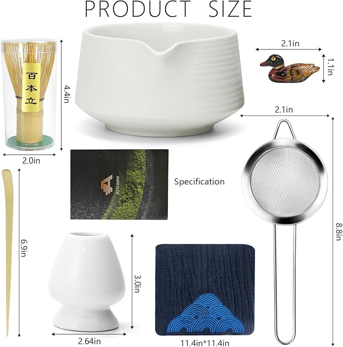 Artcome Matcha Tool Set - Complete Kit with Matcha Bowl with Spout, Bamboo Whisk, Tea Scoop, Whisk Holder, Scoop Holder, Tea Cloth & Powder Strainer, Porcelain White