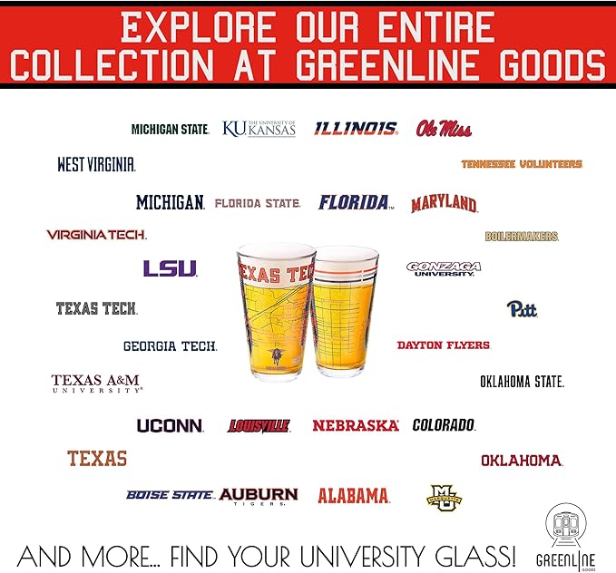 Greenline Goods – Texas Tech University Red Raiders College Pint Beer Glasses (Set of 2), 16 oz – Full-Color Logo + Campus Map