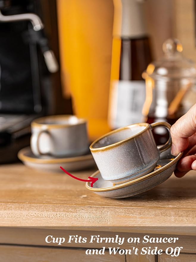Gomakren 2.5 Ounce Espresso Cups Set of 4, Small Stackable Coffee Cups with Saucers and Metal Stand, Christmas Porcelain Demitasse Cups for Specialty Coffee Drinks, Espresso, Cappuccino, Latte, Gray