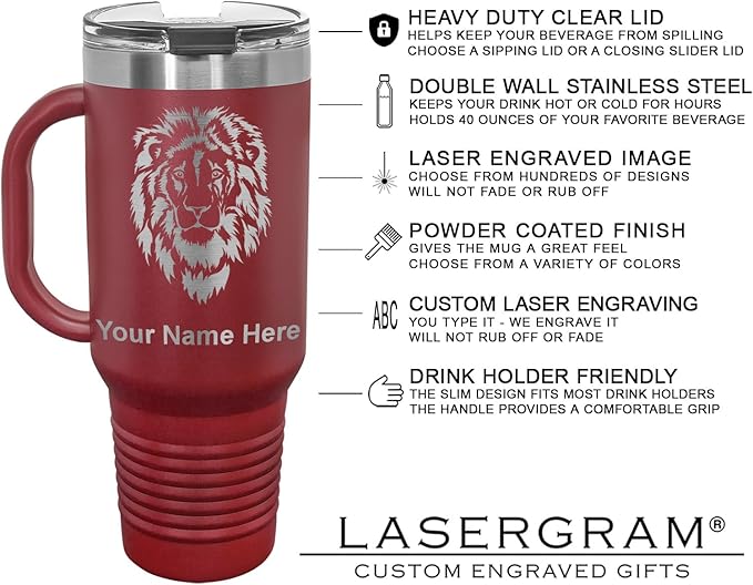 LaserGram 40oz Vacuum Insulated Travel Mug with Handle, Tiki Statue, Personalized Engraving Included (Maroon)