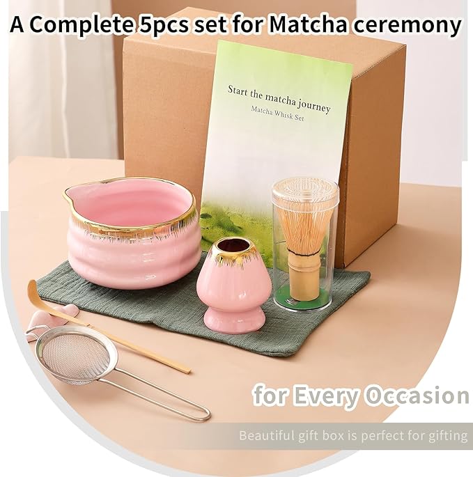 7-Piece Matcha Whisk Set: Pink Ceramic Bowl with Spout Edge (Golden Texture Design), Including Bamboo Whisk, Sieve, Spoon, etc., Suitable for Home Use/Matcha Lovers, Easy to Clean