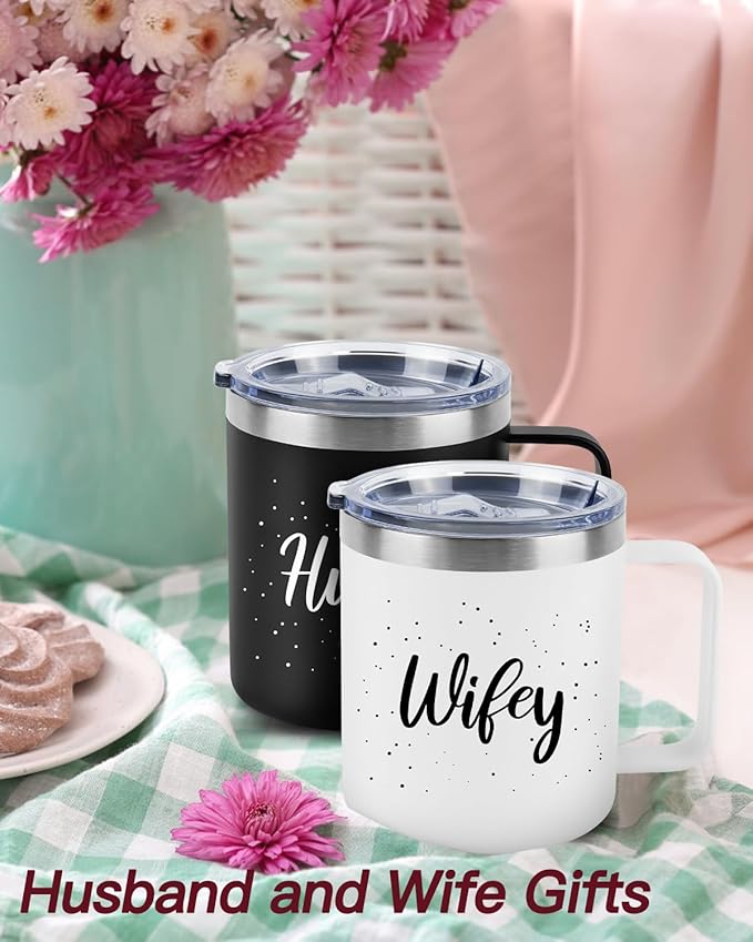 Husband and Wife Gifts, Mr & Mrs Coffee Mugs Set, Hubby and Wifey Gifts, Newlywed Gif 14oz Stainless Steel Insulated Mug(Black White)