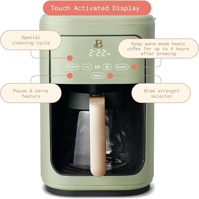 Beautiful 14-Cup Programmable Single Serve Drip Coffee Maker with Touch Display - Automatic Coffee Machine with Timer for Home & Office - by Drew Barrymore (Sage Green)