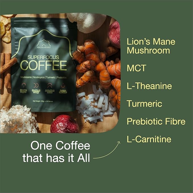 Healthy Rituals SuperBlend Instant Coffee Powder with Lion’s Mane Mushroom, MCT Oil, L-Theanine, Turmeric, Prebiotic Fiber and L-Carnitine, for a Smooth Coffee Ritual, 150 g