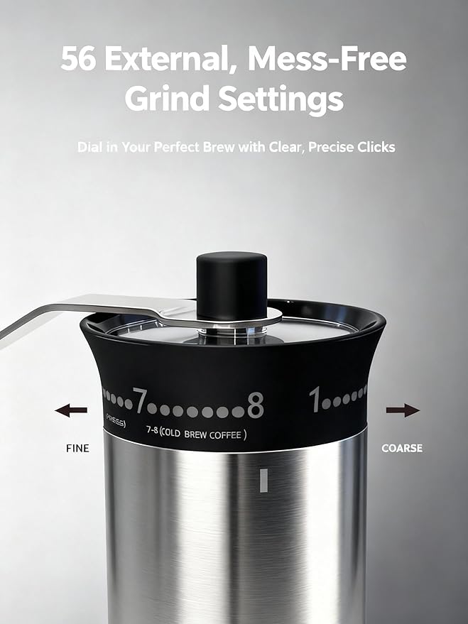LAMIDO Mini Manual Coffee Grinder, 56 External Adjustable Settings, 30g Capacity, Portable Ceramic Conical Burr Mill with Crank, Single Dose Hand Grinder for Camping, Travel - Stainless Steel Finish