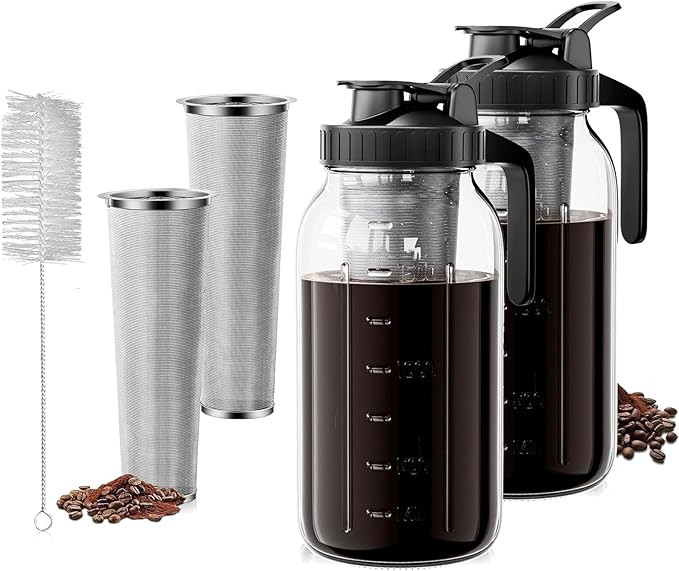 Cold Brew Coffee Maker, 2 Packs 64oz Mason Jar Pitcher with Durabel Glass & Stainless Steel Mesh Filter, Leak-Proof Glass Pither with Pour Spout Lid