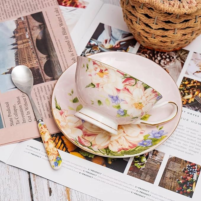 ONEUSTAR Tea Cup and Saucer Set for 1 Bone China Coffee Cup 7 oz Vintage Floral English Teacup for Women Tea Party Birthday Mother's Day Gift, Pink