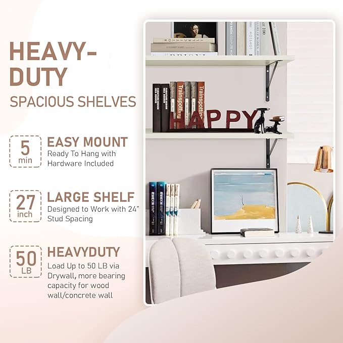 Kaboon 27 inch Long 10 inch Deep Floating Shelves for Wall Set of 2, Large Open Shelves Wall Mounted, Space Saving Home and Commercial Use, Sea Salt/Greyish White
