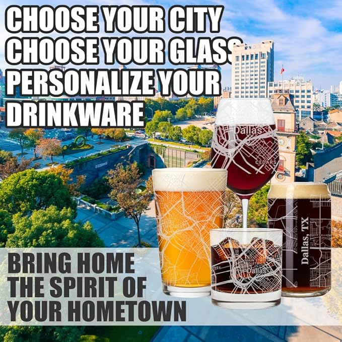 Blue Ridge Mountain Gifts - Dallas Souvenir - Texas Glassware Gift, Etched City Map, Laser Engraved and Dishwasher Safe