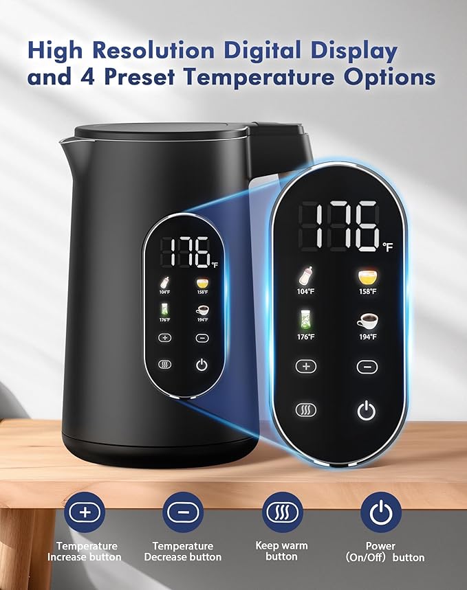 1.7L Electric Kettle with 4 Temperature Presets, Digital Display, Water Boiler with 304 Stainless Steel, Electric Tea Kettle Temperature Control