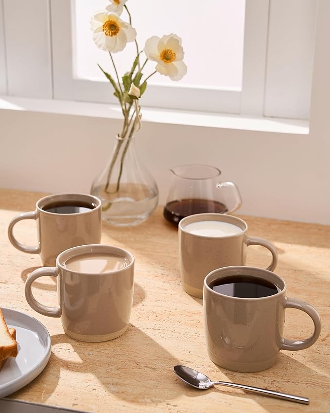 famiware Coffee Mugs for 4, 13 oz Mug Set, Dringking Cup with Handle for Coffee, Tea, Cocoa, Milk, Milkyway serise, White+Cinnamon Brown