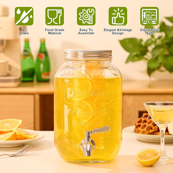 1 Gallon Beverage Dispenser, Glass Drink Dispensers for Parties, Fruit Infuser and Stainless Steel Spigot 100% Leakproof, Beverage Dispenser for Lemonade Sun Tea