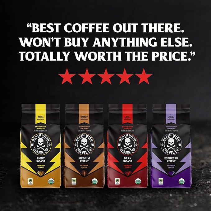 Death Wish Coffee, Organic and Fair Trade, Medium Roast, Whole Bean Coffee, 16 oz