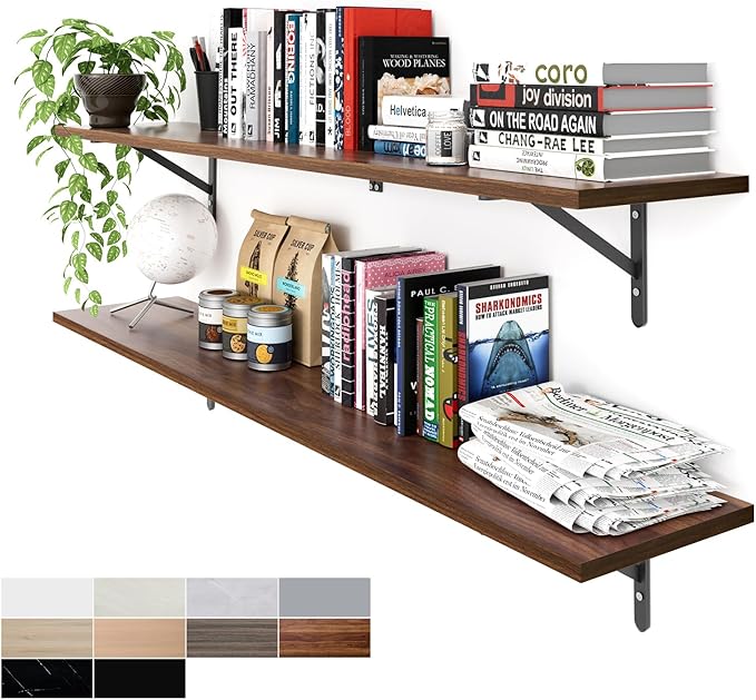 Kaboon 55 inch Long 10 inch Deep Floating Shelves for Wall Set of 2, Large Open Shelves Wall Mounted, Space Saving Home and Commercial Use, Dark Walnut