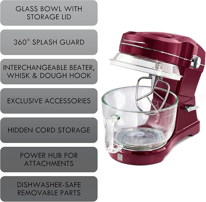 Kenmore 500W Oviation Stand Mixer - 10 Speed Mixing, Tilt-Head, 5QT Handheld Glass Bowl With Pouring Top Splash Guard, Flat Beater, Whisk, Dough Hook Attachments Countertop Kitchen Appliance, Red